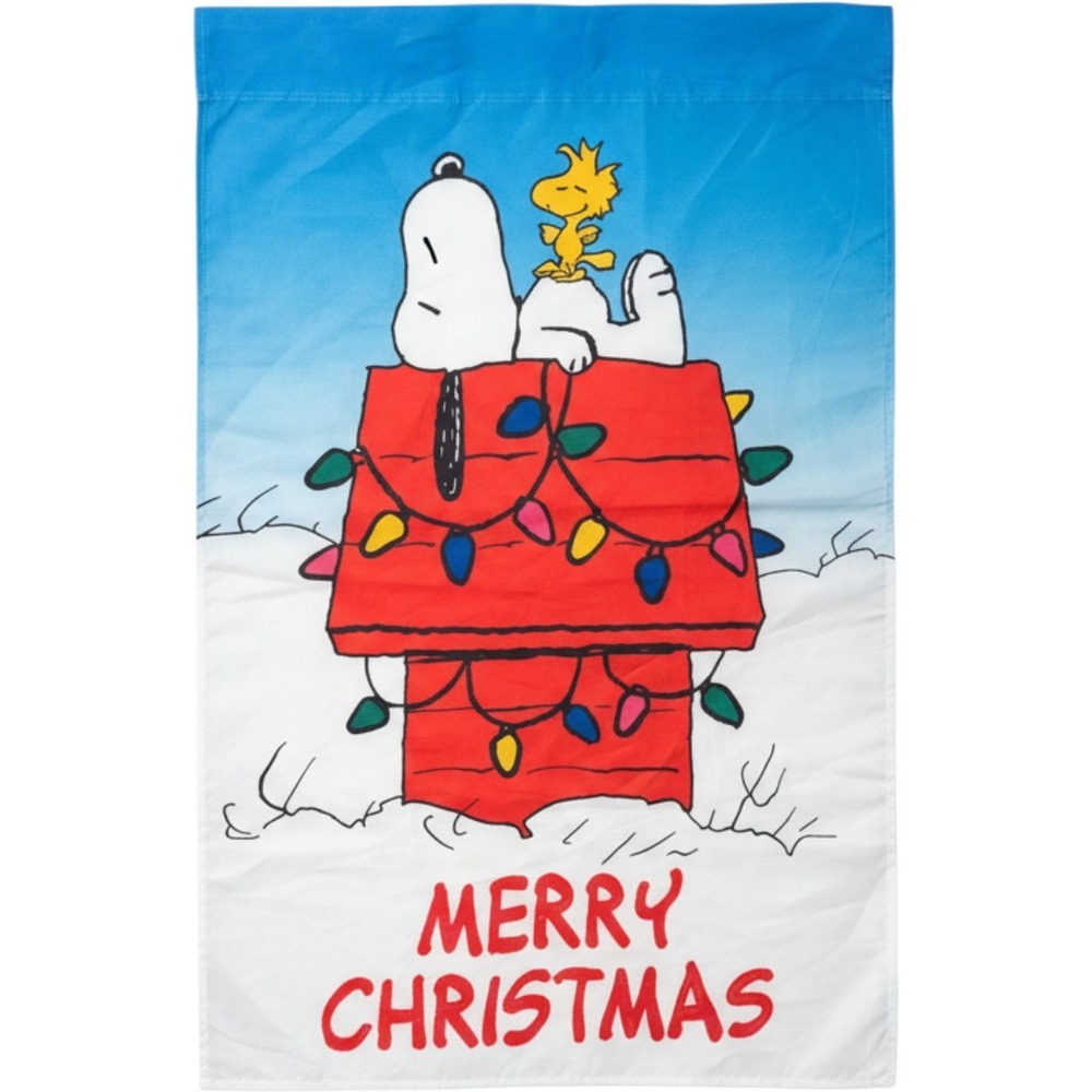 Peanuts Christmas Flag, Blue Snoopy Woodstock Christmas Doghouse